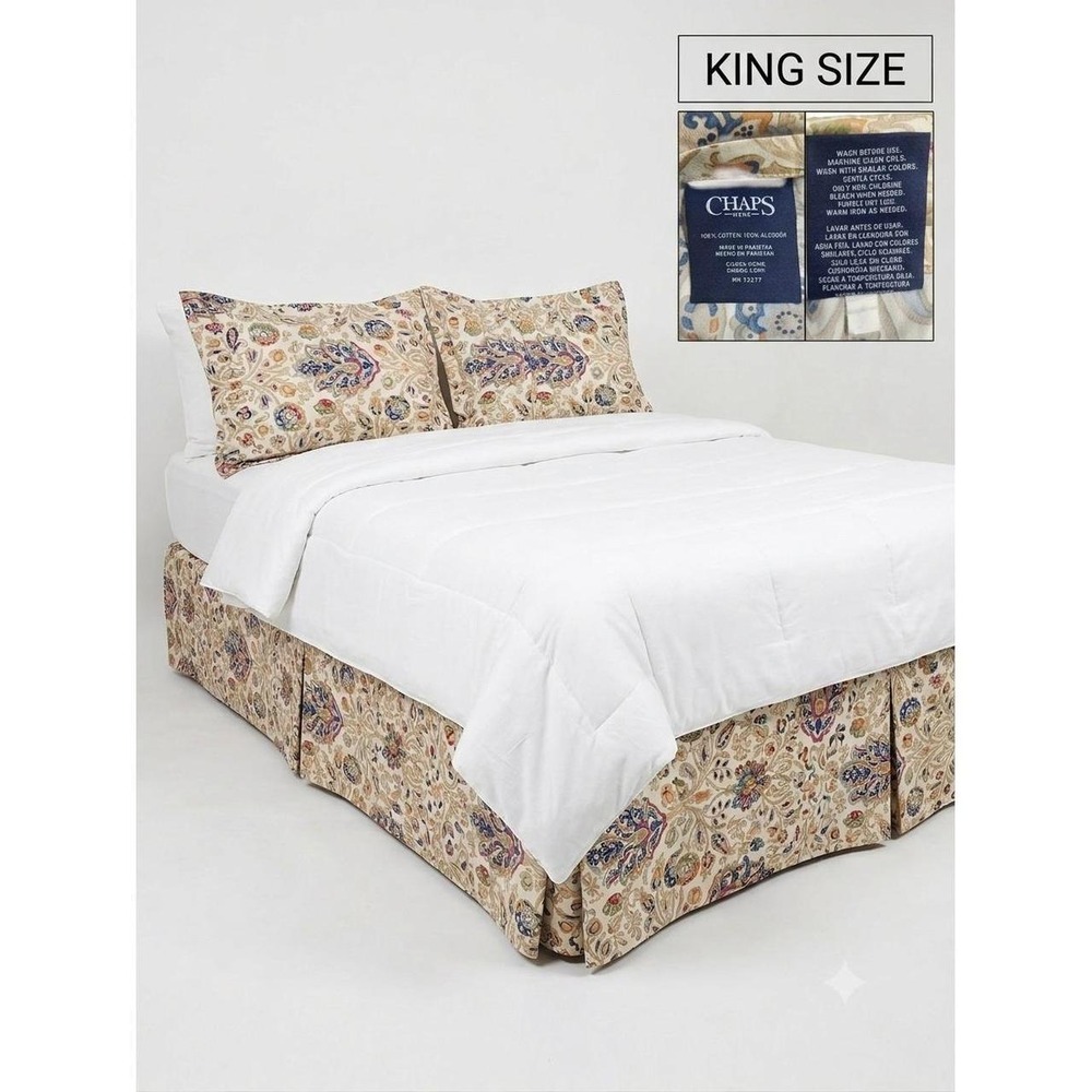 Chaps Home Coral Sands King Bed Skirt 2 Pillow Shams Floral Paisley Cotton Set